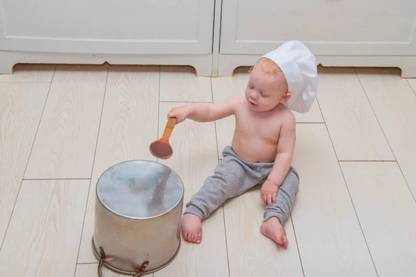 Baby Boy Image Cook Spoon Saucepan — Stock Photo, Image
