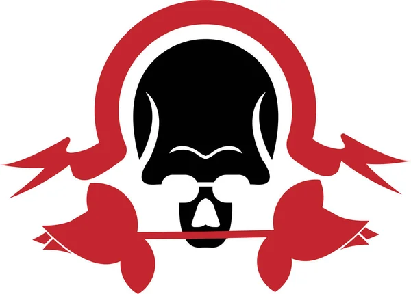 Black Skull Head Vector Illustration Biting Red Rose Flower — Vetor de Stock