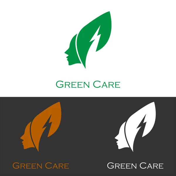 エネルギー葉の髪人間の頭 緑の自然ケアアイコンのロゴ 食品包装の世話のために良い ベクトル概念平面抽象デザイン — ストックベクタ