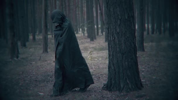 Szörnyű Sötét Alak Bukkan Elő Egy Mögül Erdőben Halloween Jelenet — Stock videók