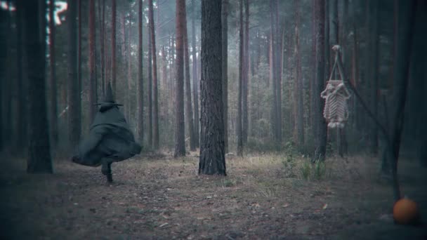Fruktansvärd Mörk Figur Springa Skogen Scen För Halloween — Stockvideo