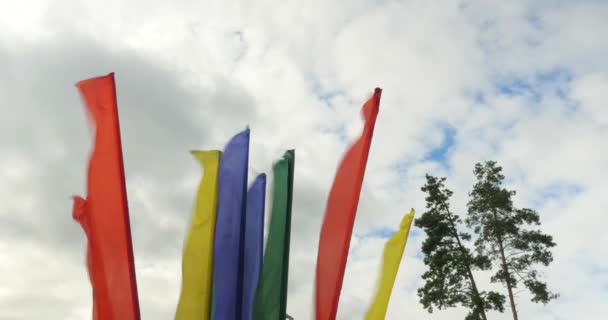 Bendera Berwarna Berkembang Dari Angin Terhadap Latar Belakang Langit — Stok Video