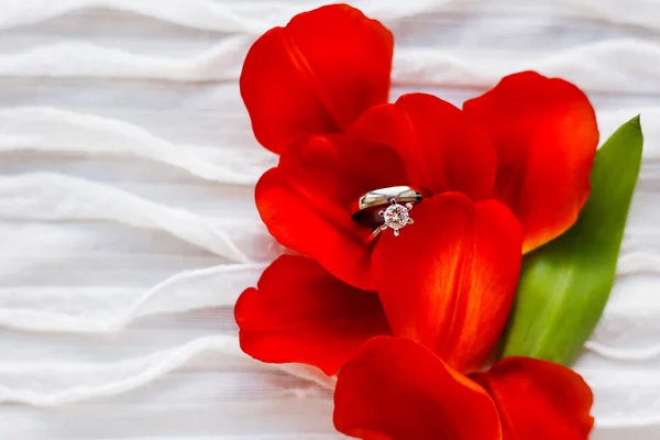 Par de anillos de boda y compromiso con diamante en tulipán rojo . — Foto de Stock