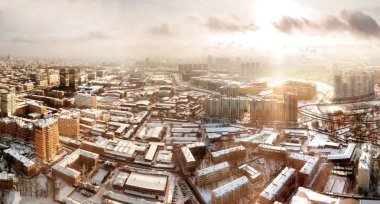 Moskova, Rusya'nın Panorama görünüm. Havadan görünümü Horoshevo taslağı üzerinde. Erken kış sabahı, sunrise.