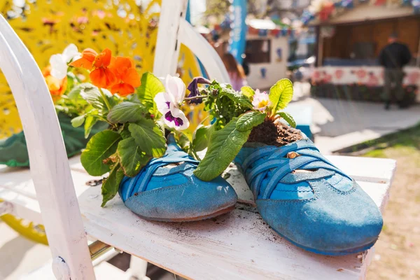 재미 있는 거리의 장식-오래 된 부츠 안에 꽃과 식물을 그린. — 스톡 사진
