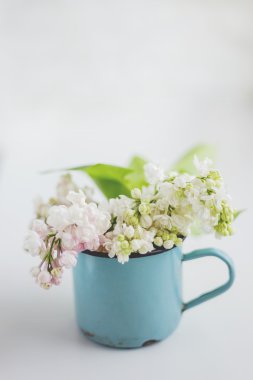 Eski paslı mug içinde Lila çiçek.