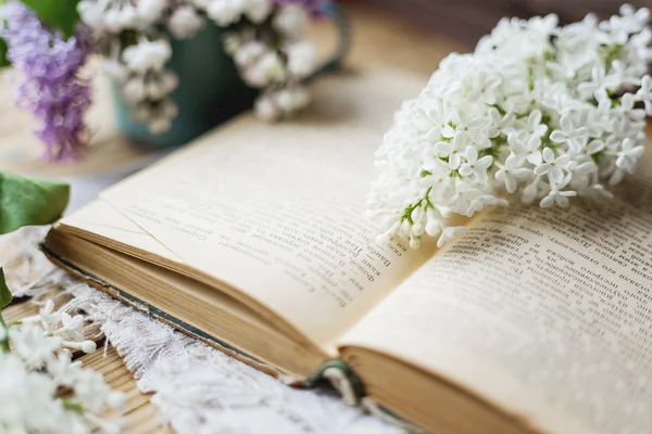 Nature morte avec des fleurs lilas sur le vieux livre. Fond rustique vintage. Lecture intéressante . — Photo