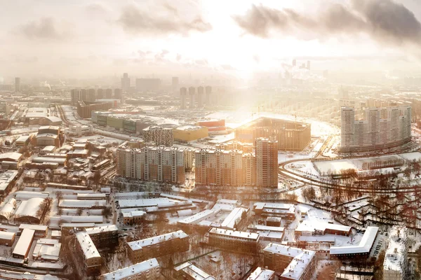 Panorama view of Moscow, Russia. Aerial view on Horoshevo district. Early winter morning, sunrise.