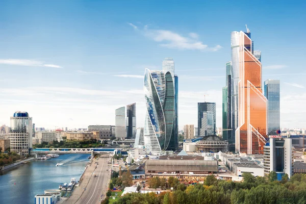 MOSCOW, RUSSIA - September 10, 2016. Large panorama view of Moscow City buildings, modern business office center on Moscow-river bank.