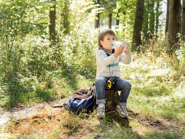 Маленький Исследователь Походе Лесу Мальчик Биноклем Сидит Пне Пьет Воду — стоковое фото