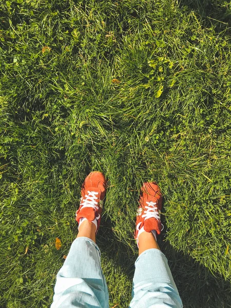 Mujer Zapatillas Rojas Está Césped Hierba Vista Superior Los Pies — Foto de Stock