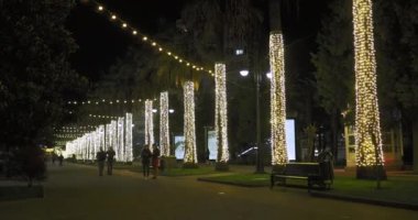 SOCHI, Rusya - Mart 01, 2020. Navaginskaya caddesinde yürüyen insanlar. Ampullü palmiye ağaçları.