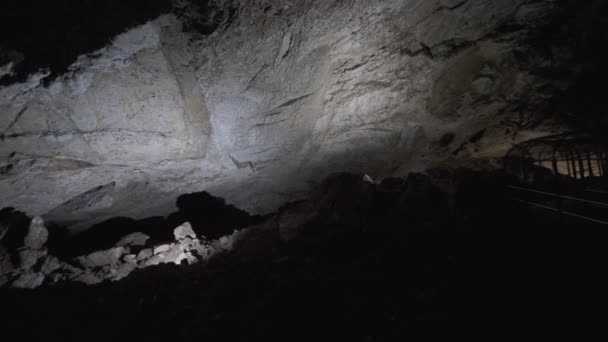 Belysta väggar i New Athos grotta. Novoafonskaja, Novy Afon eller New Afon Cave. Abchazien. — Stockvideo