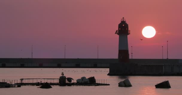 Silhuett av fyr på vacker solnedgång bakgrund. Sochis hamn, Ryssland. — Stockvideo
