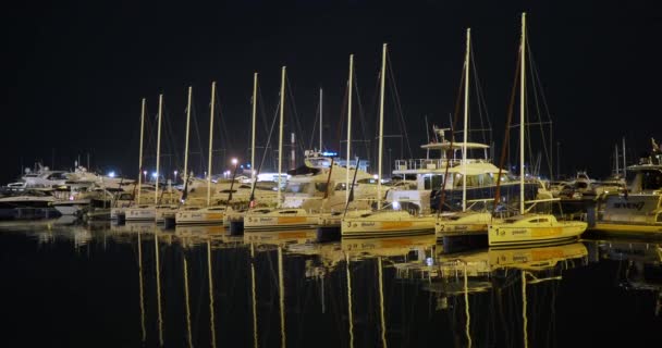 SOCHI, RUSKO - 03. března2020. Jachty zakotvené u mola. Slavná budova přístavu Soči v noci. — Stock video