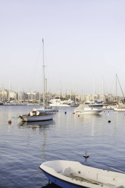 Msida Yat Marina 'ya demirlemiş yelkenli yatları. Akdeniz 'de yelkenli gemiler. Turistik geziler için su taşımacılığı. Avrupa 'ya seyahat. Msida, Malta.