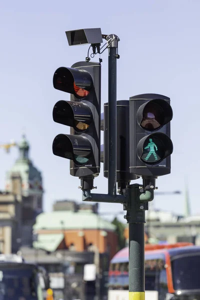 Semáforos Para Coches Peatones Una Las Calles Centrales Estocolmo Tráfico — Foto de Stock