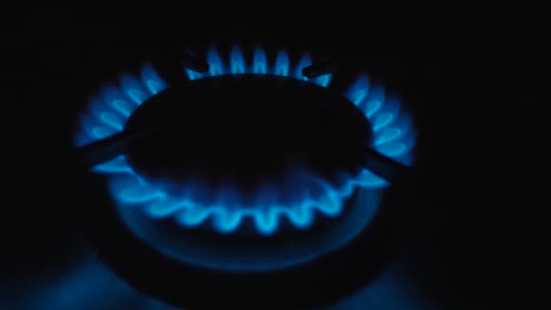Vlammen van gas in gasfornuis. Blauw vuur op kachel in het donker. — Stockvideo