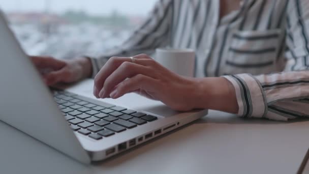Affärskvinna arbetar med laptop i co-working center. Arbetsplats för frilansare i businesscenter. — Stockvideo