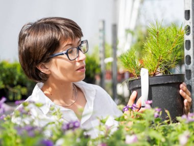 Kadın peyzaj için bitkileri seçiyor. Çiçekçide fideleri, çiçek açan bitkileri ve tohumları olan açık hava rafları. Açık hava tarım pazarı. 