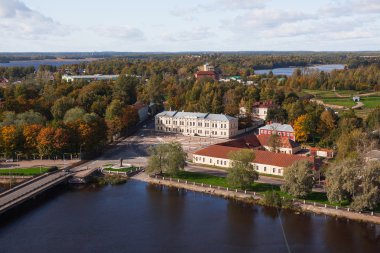 Panorama view from St.Olov castle's tower - Petrovskiy park, Fyodor Apraksin monument on Petrovskaya square (old name - Siikaniementori). Vyborg, Russia.