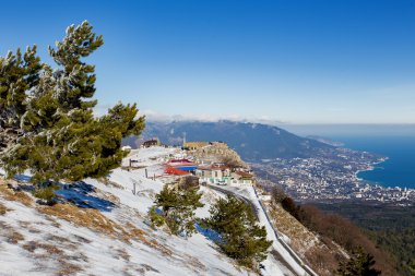 Panorama görünümünü Ai-Petri dağ Yalta kasabadan. Kar ve buzlu çam ağaçları güneşli kış günü. Crimea