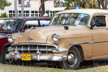 HAVANA, CUBA - February 5, 2008. Classic Chevrolet parking near palm trees. Most of the Cubans drive cars that were on the road before 1959.