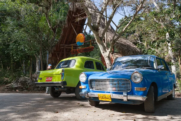 VARADERO, CUBA - February 5, 2008. Classic oldtimer car parking near trees. Most of the Cubans drive cars that were on the road before 1959. — Φωτογραφία Αρχείου