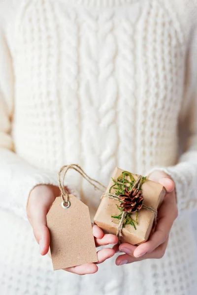 Örme kazak bir hediye tutan kadın. Hediye Kraft kağıt çam kozalakları ile paketlenmiş ve kaba iple bağlı. Boş etiket metni. Kadar alay et. Bir hediye sarmak için DIY yolu örneği.