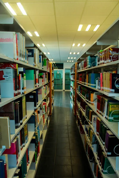 Pasillo Una Biblioteca Con Libros Ambos Lados — Stock Photo, Image