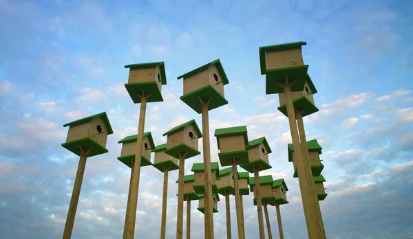 Yellow Green Birdhouses Standing Blue Sky Clouds — Stock Photo, Image