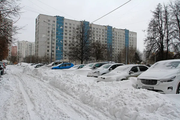 Vidnoe Moscow Region Russia February 2021 Cars Parking Night Snowstorm — Stock Photo, Image