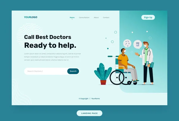 Modelo Web Landing Page Com Plantas Ilustração Médico Paciente — Vetor de Stock