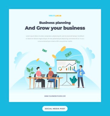 Düz Karakter Çizimi Büyüyen İş ile Sosyal Medya Posta Şablonu