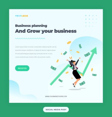 Düz Karakter Çizimi Büyütme İşletmesi ile Sosyal Medya Posta Şablonu, baskı, reklam, sosyal medya, bilgi vs. için kullanılabilir