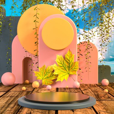 Akçaağaç yaprağıyla soyut bir sahne. Sonbahar arka planında 3D silindir işleme podyumu. ürün sunumu.