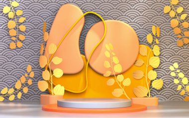 İlkbahar ürünleri için sarı podyum görünümlü altın yapraklar sahne arkası, 3d illüstrasyon