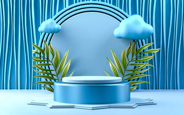 Rendering Blauwe Wolk Met Bladeren Podium Display Product Podium Achtergrond — Stockfoto
