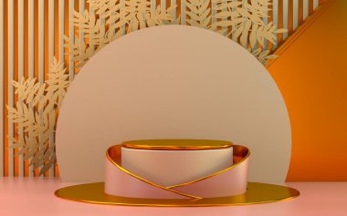 Ürün sunumu için turuncu metalik podyum. 3d hazırlama sahnesi arkaplanı 
