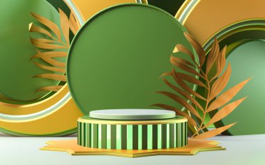 Yapraklı 3D işlemeli ahşap podyum görünümü kopyalama alanı yeşil ürün sahne arkaplanı