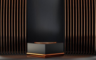 Ürün tanıtımı için koyu ve altın soyut boş uzay podyumu, 3D görüntüleme