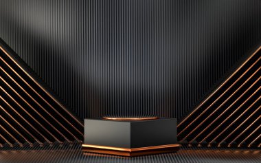 Ürün tanıtımı için koyu ve altın soyut boş uzay podyumu, 3D görüntüleme