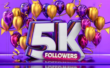 5k takipçileri kutluyor, teşekkürler sosyal medya afişi mor ve altın balonlu 3D