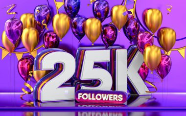 25.000 takipçi kutluyor, teşekkürler sosyal medya afişi mor ve altın balonlu 3D
