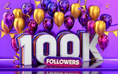 100 bin takipçi kutlama yapıyor. Mor ve altın balonlu sosyal medya afişi 3D.