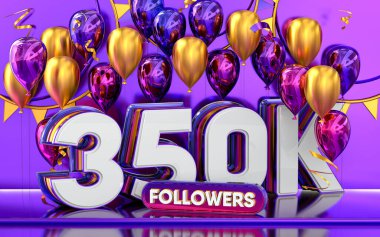 350.000 takipçi kutluyor. Mor ve altın balonlu sosyal medya afişi 3D.