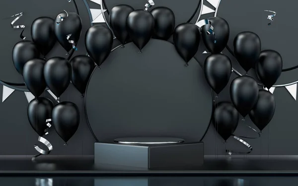 Fase Pódio Renderização Com Balão Escuro Confete Celebração Fundo — Fotografia de Stock