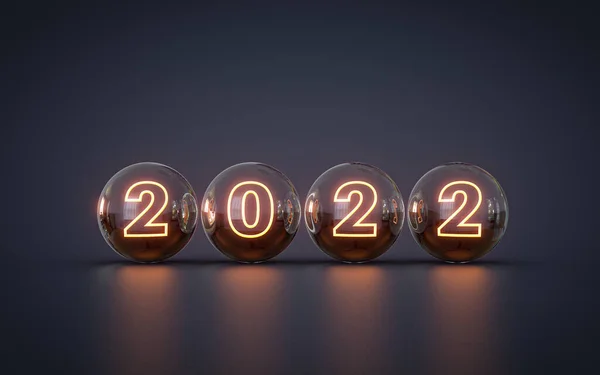 Feliz Ano Novo 2022 Neon Luz Efeito Papel Parede Renderização — Fotografia de Stock