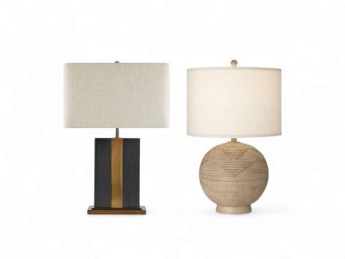 İki farklı masa lambası stili. Biri dikdörtgen gölgeli ve diğeri de yuvarlak desenli tabanlı ve davul gölgesi olan.