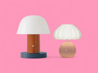 İki Modern Mantar şekilli Masa Lambası Parlak Pembe Arkaplanda